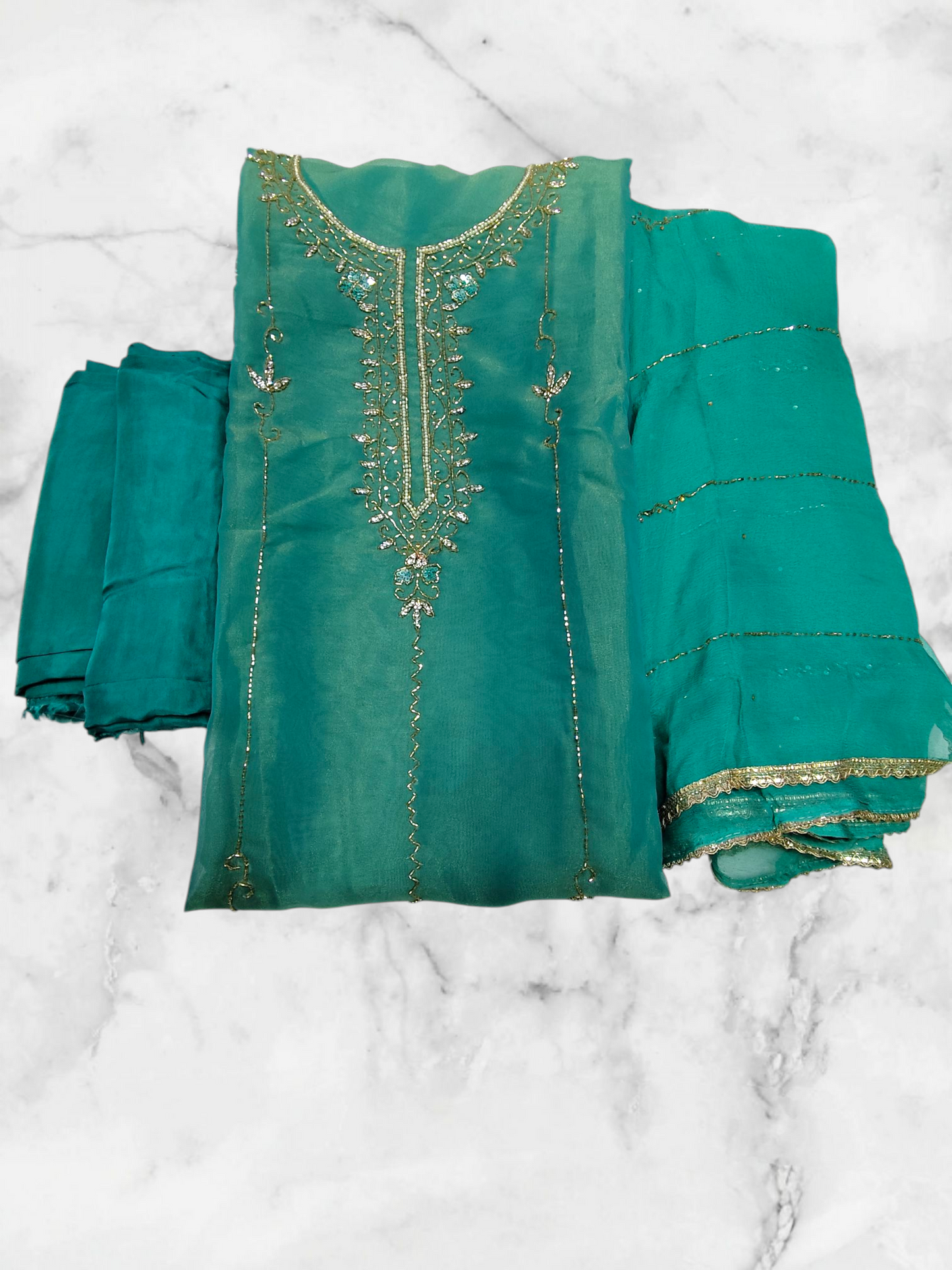 PURE ORGANZA SUIT IN GALA MOTI WORK WEDDING UNSTITCHED SUIT