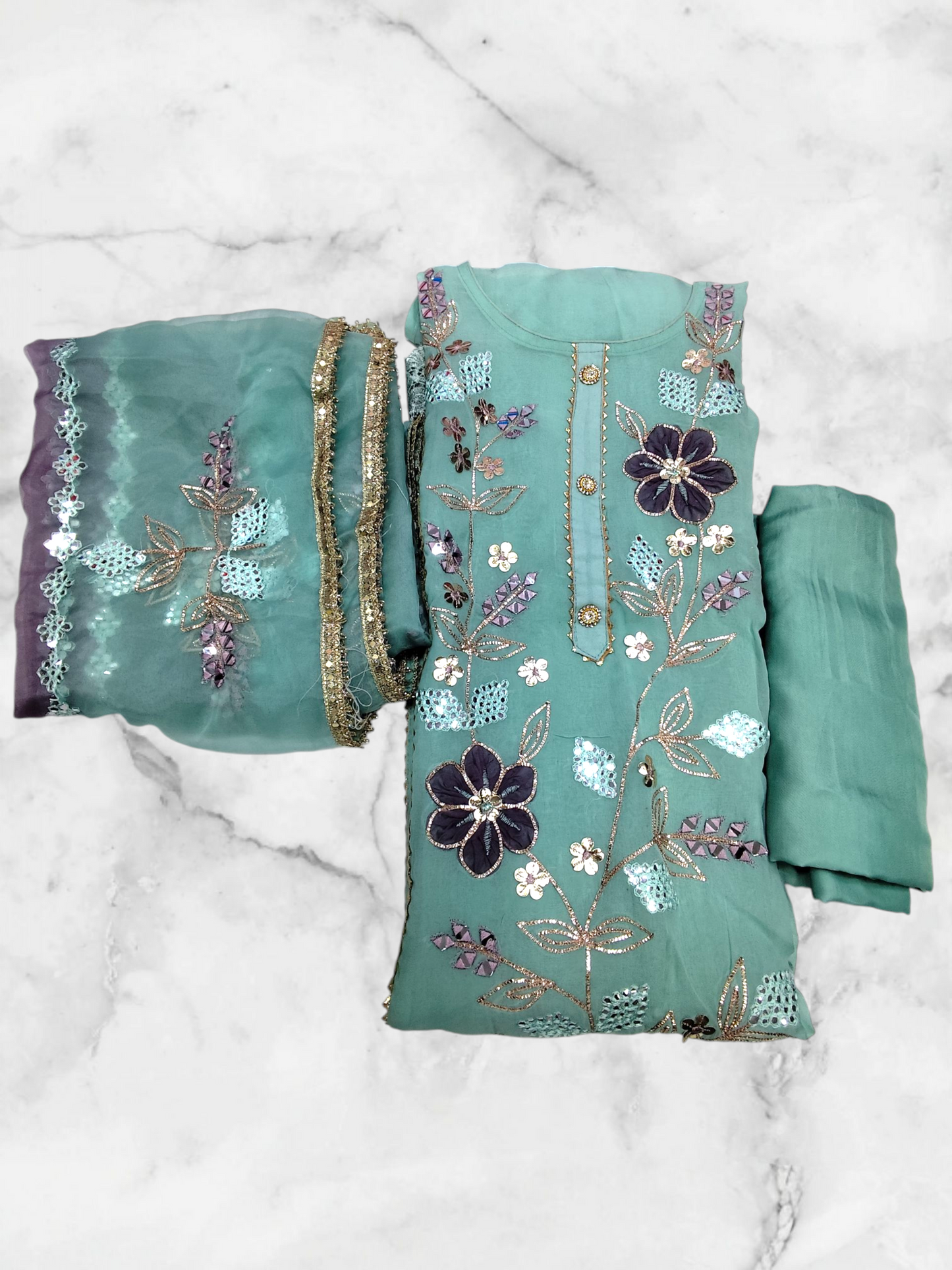 PURE ORGANZA EMBROIDERY IN GOTA PATTI WORK UNSTITCHED PARTYWEAR SUIT