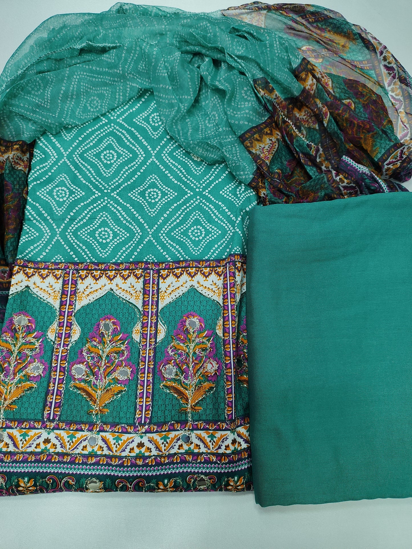 Cotton Unstitched Suit with Reyon Salwar Nazneen Dupatta