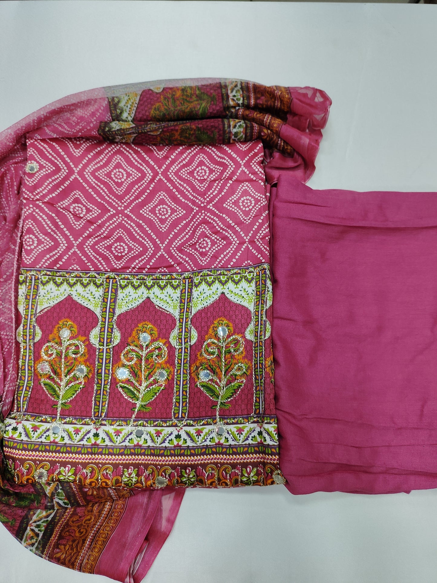 Cotton Unstitched Suit with Reyon Salwar Nazneen Dupatta