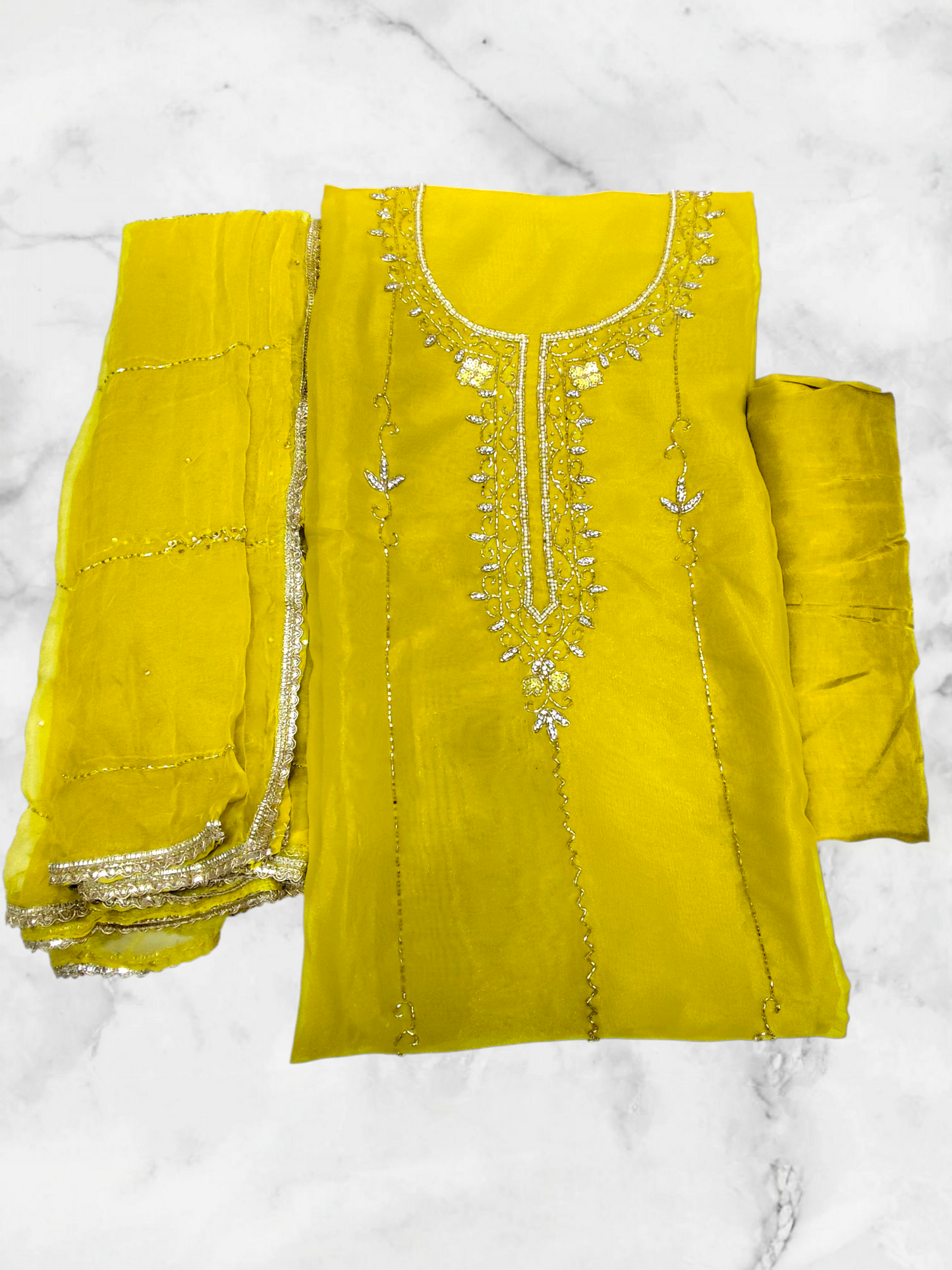 PURE ORGANZA SUIT IN GALA MOTI WORK WEDDING UNSTITCHED SUIT