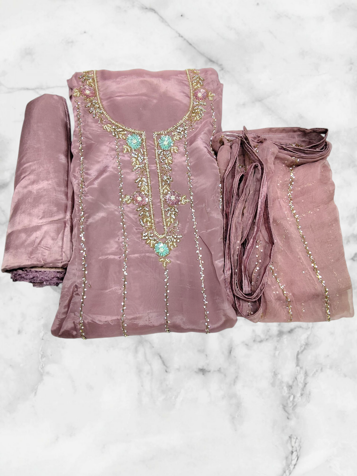 PURE ORGANZA SUIT IN GALA MOTI WORK WEDDING UNSTITCHED SUIT