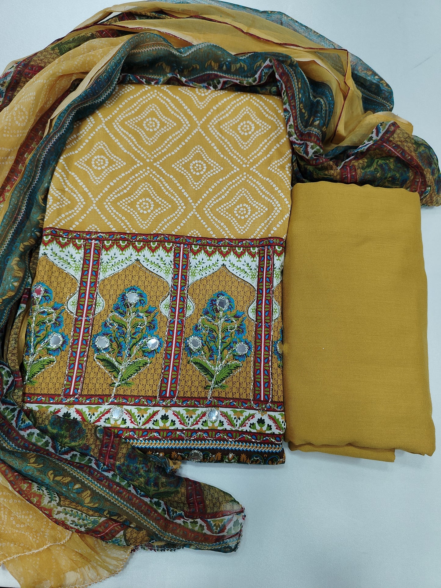 Cotton Unstitched Suit with Reyon Salwar Nazneen Dupatta