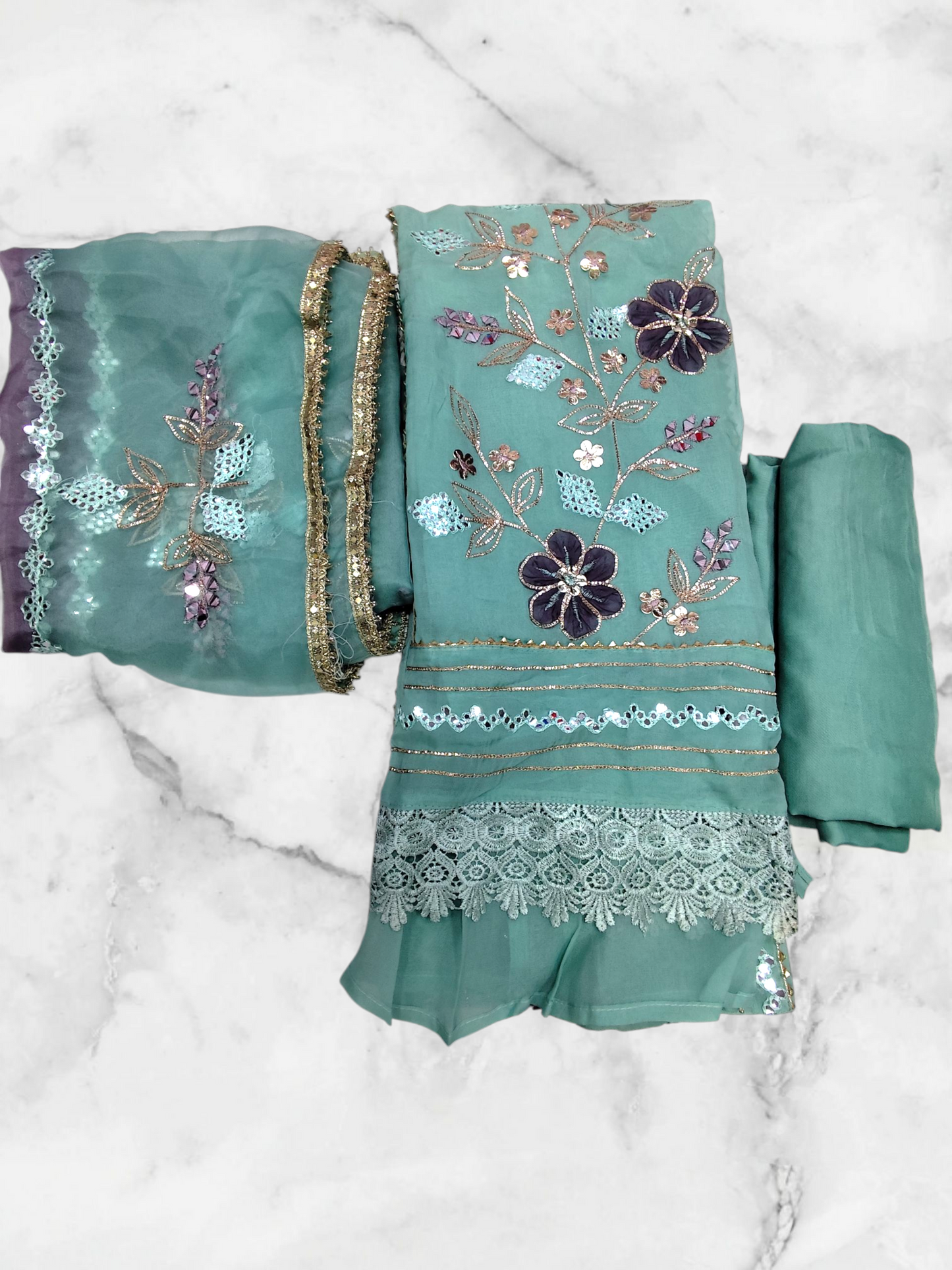 PURE ORGANZA EMBROIDERY IN GOTA PATTI WORK UNSTITCHED PARTYWEAR SUIT