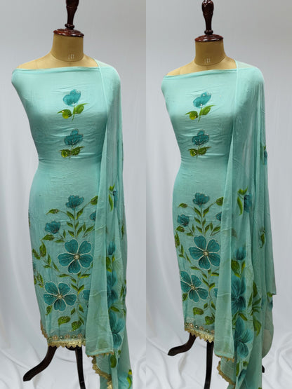 Designer Floral Moti Work Organza Suit With Floral Dupatta  Ustitched Suit