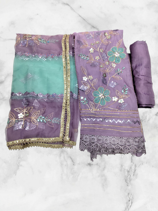 PURE ORGANZA EMBROIDERY IN GOTA PATTI WORK UNSTITCHED PARTYWEAR SUIT