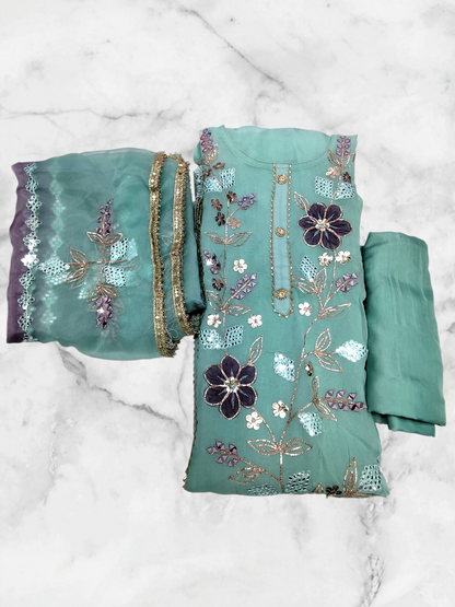 PURE ORGANZA EMBROIDERY IN GOTA PATTI WORK UNSTITCHED PARTYWEAR SUIT