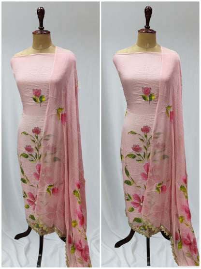 Designer Floral Moti Work Organza Suit With Floral Dupatta  Ustitched Suit