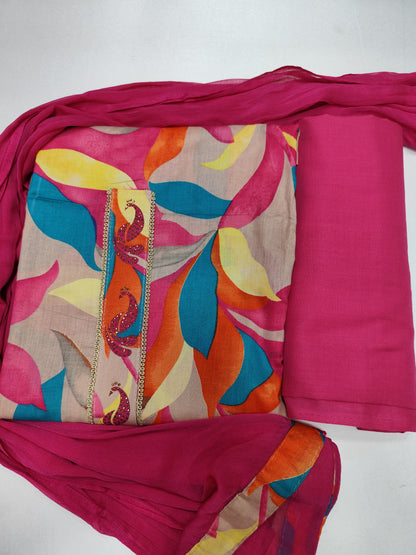 PRINTED FLORAL UNSTITCHED WITH COTTON PURE PATTI WORK SUIT
