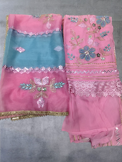 PURE ORGANZA EMBROIDERY IN GOTA PATTI WORK UNSTITCHED PARTYWEAR SUIT