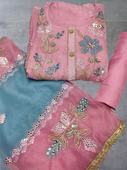PURE ORGANZA EMBROIDERY IN GOTA PATTI WORK UNSTITCHED PARTYWEAR SUIT