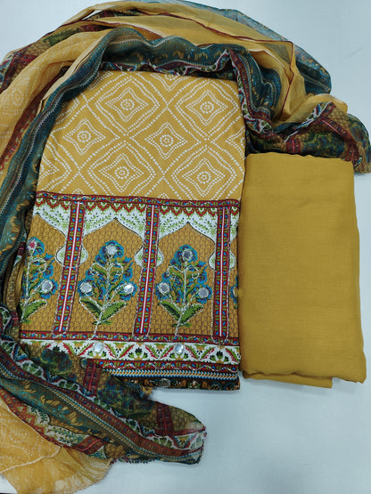 Cotton Unstitched Suit with Reyon Salwar Nazneen Dupatta