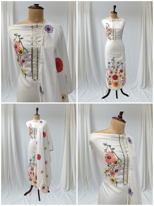 Classic  Simple Elegance White Pure Cotton Designer with floral print with Unstitched suit