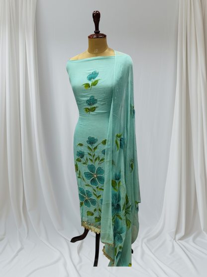 Designer Floral Moti Work Organza Suit With Floral Dupatta  Ustitched Suit